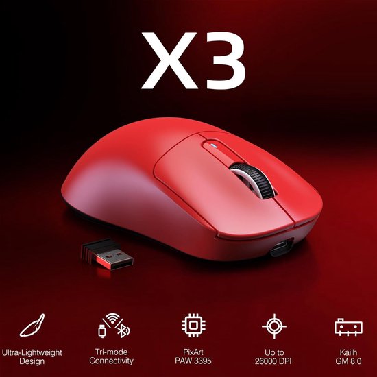 ATTACK SHARK Draadloze Gaming Muis - Bedraad/2.4G/BT5.4 - Lichtgewicht 49G - PAW3395 - 26000DPI - Rood