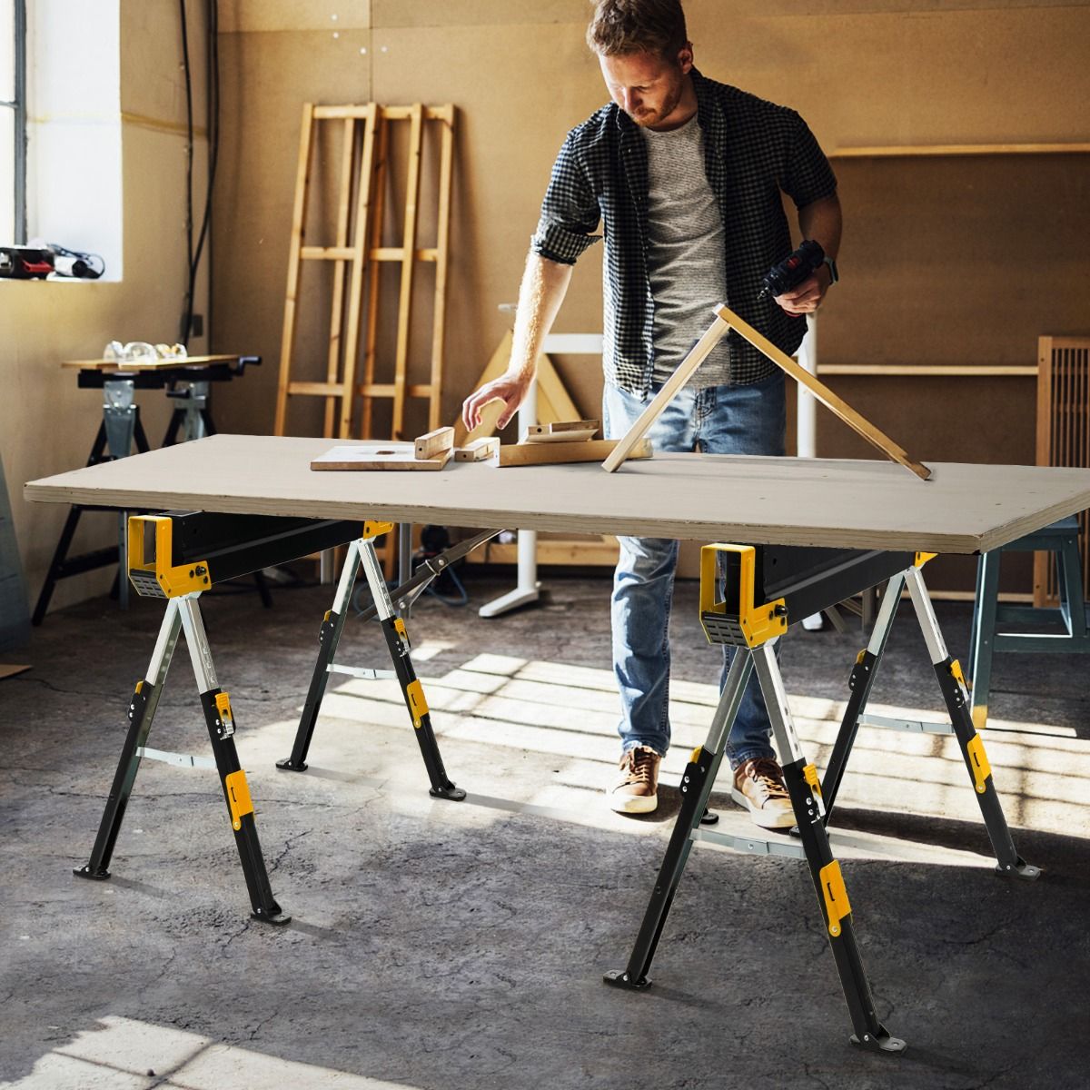 Coast Inklapbare Zaagbok Set van 2 - In hoogte verstelbaar - Antislip PVC bovenzijde - Geel en zwart