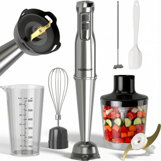 Staafmixer PRO 6-in-1 Set - 1100W - Titanium Messen - Gratis Spatel - Turbofunctie - Incl. Hakmolen, Garde, Melkopschuimer & Maatbeker - PFAS-vrij