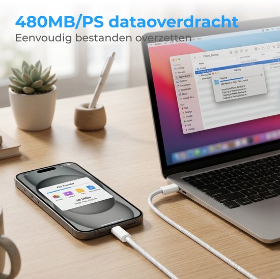 Nuvance USB C naar USB C Kabel - USB C Lader - 2 Meter - Snellader USB C - Gevlochten Nylon - 60W - 480 Mbps - Wit