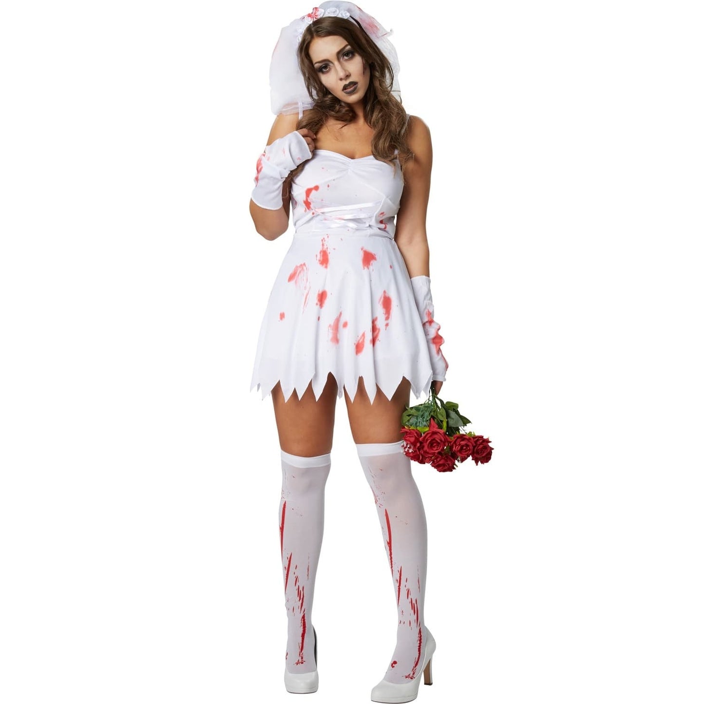 spookbruidskostuum dames - halloween jurk wit - maat s - inclusief accessoires
