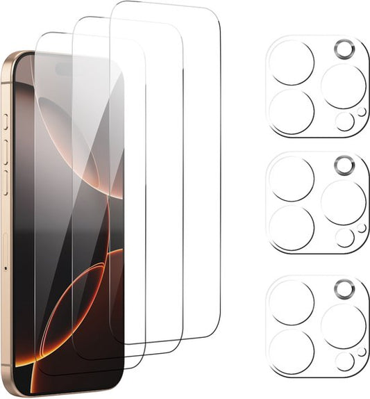 Podec Screenprotector en Camera Lens Protector geschikt voor iPhone 16 Pro Max - Gehard Beschermglas - Transparant en Krasbestendig - Tempered Glass Screen Cover - 3 + 3 Stuks