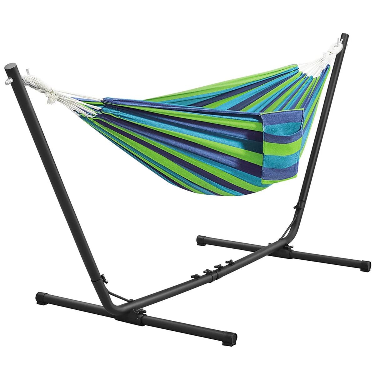 Yaheetech Hangmat met Standaard - Blauw Groen Gestreept - 2-3 Personen, Tot 205 kg