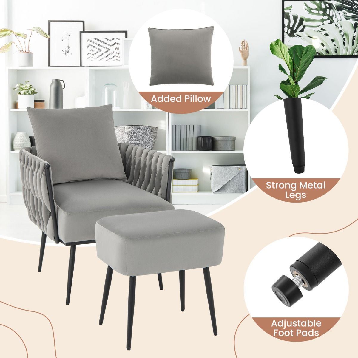 coast Moderne Nederlandse Fluwelen Bijzetstoel en Voetenbank Set – Grijs – 66x65x80 cm | 46x35x45,5 cm