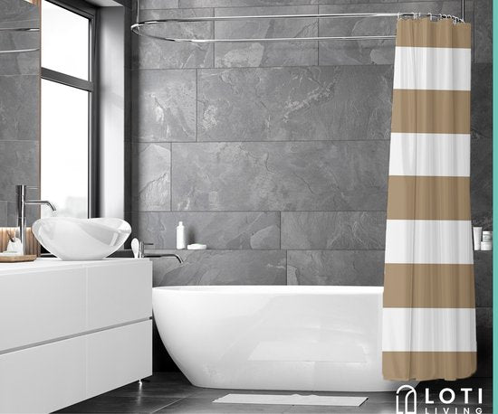 Loti Living Douchegordijn Anti Schimmel – Lichtbruin gestreept - Inclusief ringen – Waterdicht - Polyester - Douchegordijn 180x200 cm
