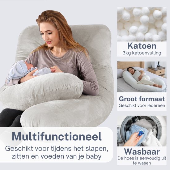 Earkings Zwangerschapskussen Zijslaapkussen 140x80cm U-vorm met Afneembare hoes - Body Pillow lichtgrijs