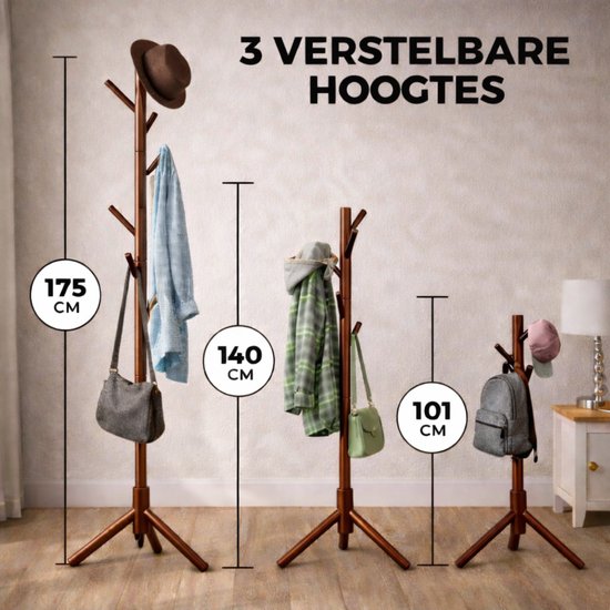 Bayt Kapstok - Staande kapstok - Kapstok Hout - Kapstok Staand - Garderoberek - 8 Haken - 175 cm - Bruin