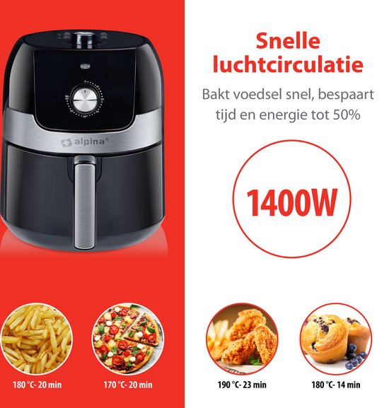 alpina Airfryer 3.5L - Heteluchtfriteuse 2 tot 3 Personen - Air Fryer met Instelbare Temperatuur van 80 tot 200°C - Hetelucht oven Airfryer Timer tot 60 Minuten - 1400W - Zwart