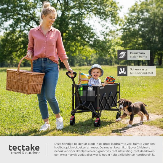 tectake® Bolderkar - Opvouwbaar - 80 kg Draagkracht - Draaibare Massieve wielen met Rem - 45 x 88 x 95 cm - Bolderkarren - Bolderwagen - Met Verstelbare Duwstang - Handkar - Waterafstotende Transportwagen - Met Legplank en Binnenvak