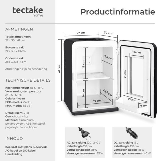 tectake® Mini-Autokoelkast - Draagbare minibar 14L - 2-in-1-functie: koelen en verwarmen - 5 tm 65 °C - Mini Koelkast - Elektrische Koelbox - 12v + 220/240v Aansluiting - Draagbare Campingkoelkast