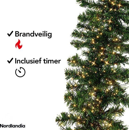 Nordlandia Guirlande Met verlichting - Timer - Kerstversiering - 500CM - Kerstslinger - Kerstdecoratie - 100 LED - Batterij