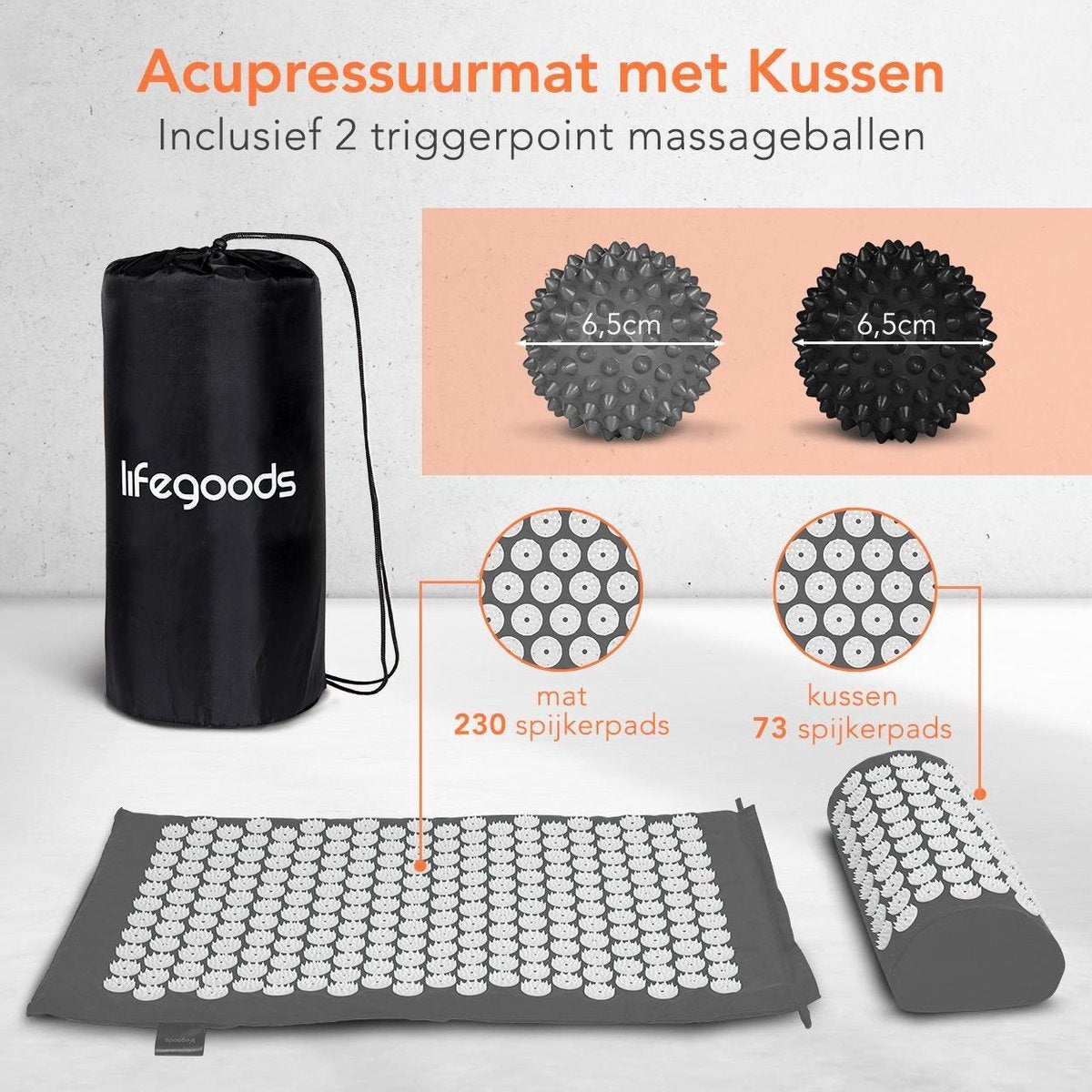 LifeGoods Acupressuur Mat met Kussen - Shakti mat - Spijkermat Incl. 2x Triggerpoint Bal - 66x40x2cm - Grijs/Wit