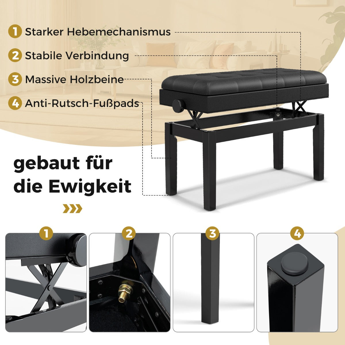 Verstelbare duet-pianobank met Opbergruimte en Waterdicht gewatteerd kussen - 6 x 36 x 48-58 cm - Zwart