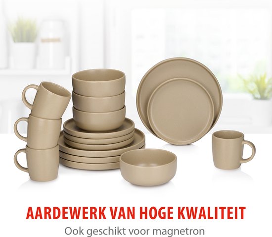 alpina Serviesset 16-Delig - Bordenset 4 Persoons - Aardewerk Servies - Ontbijtborden, Dinerborden, Kommen en Mokken - Magnetron en Vaatwasser Bestendig - Zand