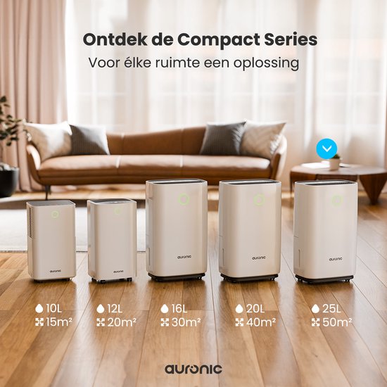 Auronic Luchtontvochtiger - Compact Series - 25L per dag - Was-droog functie - Slaapkamer, Badkamer en Woonkamer - Wit