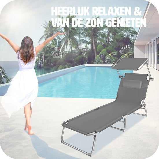 tectake® - ligstoel, robuust, verstelbaar, stalen onderstel met zonnescherm, 4-standen rugleuning inclusief hoofdkussen, strandstoel Ideaal voor tuin, zwembad, camping - grijs