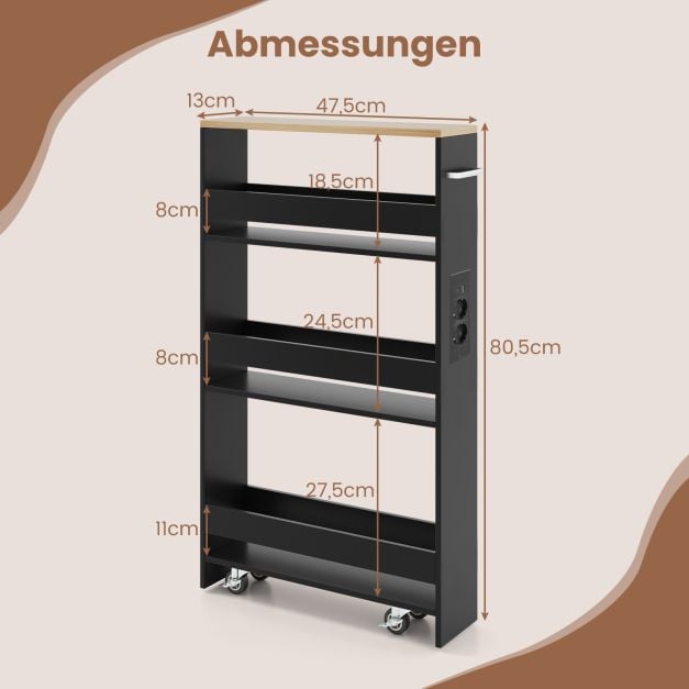 Coast Smalle Opbergwagen met Laadstation – 47,5 x 13 x 80,5 cm – Zwart