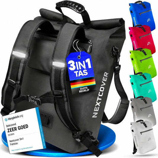 Nextcover 3-in-1 fietstas - Rugzak en schoudertas - Waterdicht - Laptopvak - 25 liter - Zwart