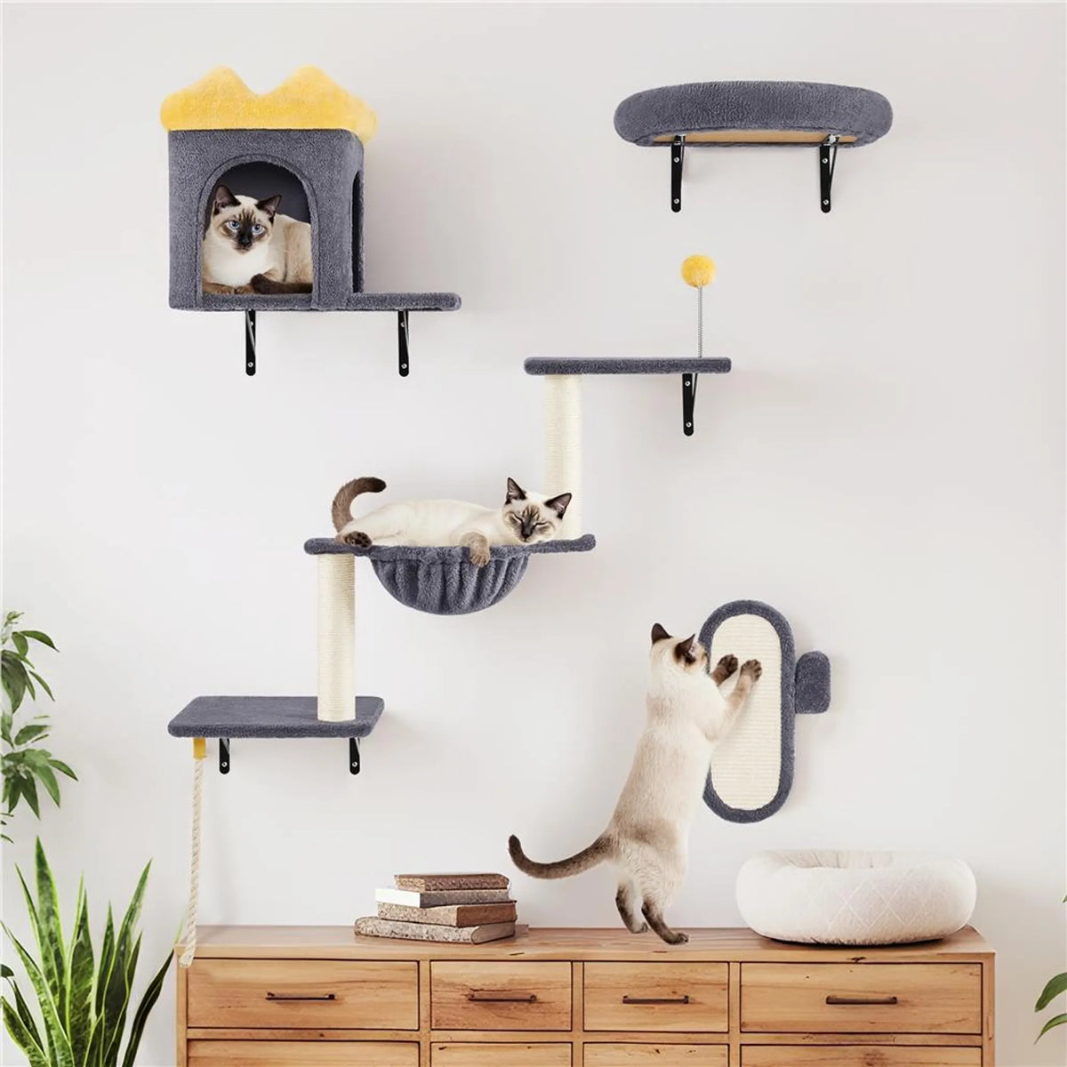Yaheetech Kattenmeubels Voor Wandmontage Set – 49 x 30 x 40 cm – Voorzien Van Kattenhol En Ligmand En Sisal Krabpalen En Meerdere Platforms – Voor 1-5 Katten – Donkergrijs Pluche En Metaal