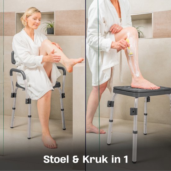 Sanicraft® Douchestoel - Douchekruk met Armleuning & Douchekophouder - Stoel & Kruk in 1 - Verstelbare Hoogte - Anti-Slip Poten - Zilver