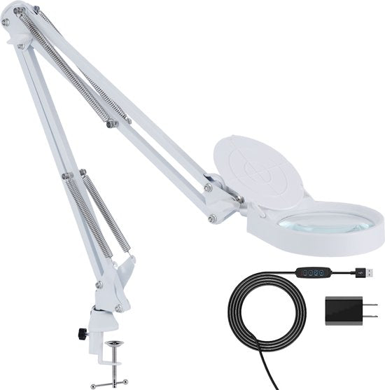 Earkings Loeplamp Vergrootglas met Verlichting - Loeplamp met LED Verlichting inclusief Tafelklem en 3 Lichtkleuren - Loep Vergroot 3x tot 10x en is 360 Graden draaibaar Wit