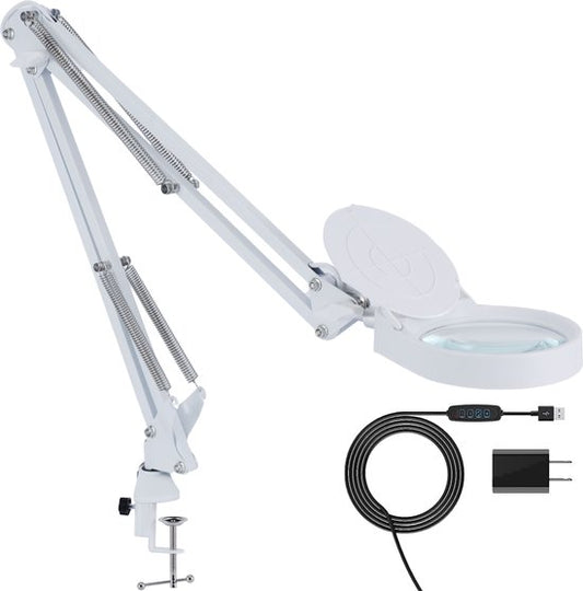 Earkings Loeplamp Vergrootglas met Verlichting - Loeplamp met LED Verlichting inclusief Tafelklem en 3 Lichtkleuren - Loep Vergroot 3x tot 10x en is 360 Graden draaibaar Wit
