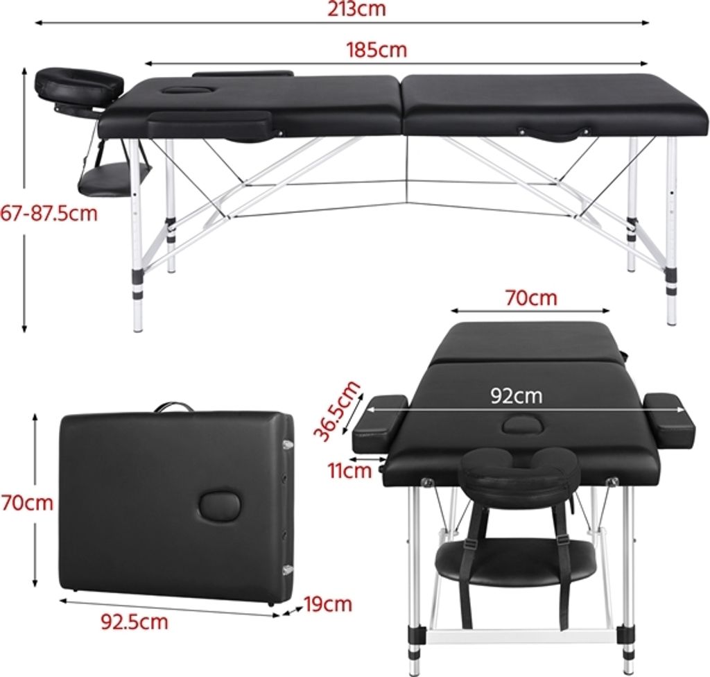 Yaheetech Massagetafel 2 zones - Inklapbaar aluminium - In hoogte verstelbaar - Zwart - 213 x 92 cm
