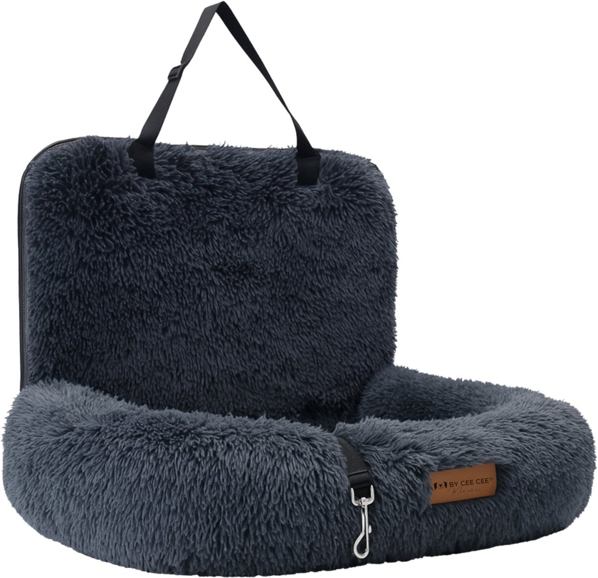 By Cee Cee – Autostoel Hond Deluxe – Maat M – Voorzien Van Veiligheidslijn En Foam Flakes Vulling En Afritsbare Hoes – Voor Achterbank – Donkergrijs Polyester