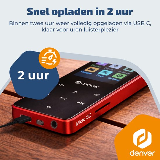 Denver MP3/MP4 Speler - Bluetooth - Shuffle/Herhalen - SD kaart tot 128GB - Incl. oordopjes - Dictafoon - MP1830R - Rood
