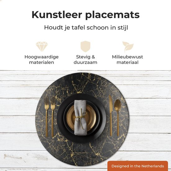Castagnola Lederlook Placemats - Ronde Placemats - Antislip Placemat van Kunstleer - Waterafstotende Onderlegger - Onderzetter - 6 Stuks - Diameter 38 cm - Zwart/Goud