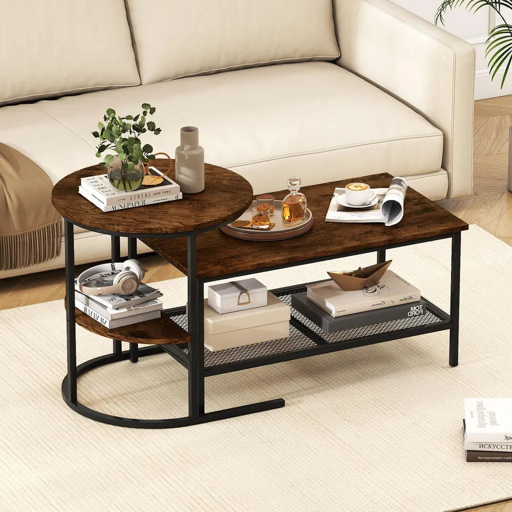Coast Salontafel Set van 2 – Ovale en Ronde Bijzettafel met Metalen Frame – Bruin