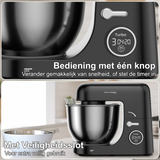 Erikssøn Kitchen Keukenmachine - 8 Snelheidsstanden Met Timer - 5L Mixer met Mengkom - 1400W - Zwart