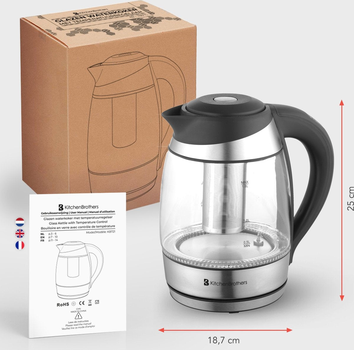KitchenBrothers Waterkoker - 1.8L - Glas - BPA vrij - 2200W - 22.09x16x24.41 - Glas|Met temperatuurregeling