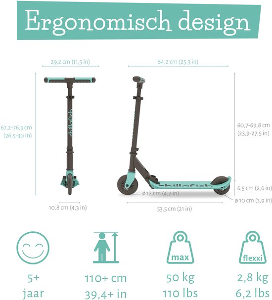 Chillafish Kinderstep jongen en meisje vanaf 5 jaar met voetrem - Blauw Groen - Step met verstelbaar stuur - Opvouwbaar en lichtgewicht met ABEC-5 wielen - Model Flexxi