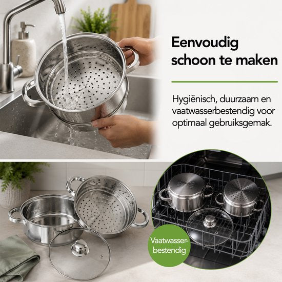 Aviro Stoompan - Glazen Deksel - 3,1L - 20 CM - Inductie En Gas - 3-Delige Rijst- En Groentestomer - RVS