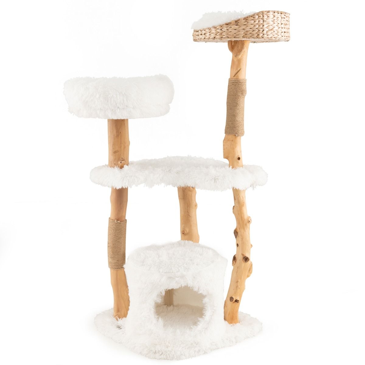 Coast Krabpaal voor Katten - Massief hout en jute - 5 verdiepingen - Naturel en wit - 124 cm