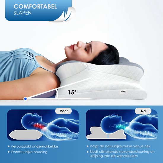 Maqi Living® Hoofdkussen Memory Foam voor Nekklachten – Orthopedisch & Ergonomisch kussen - Geschikt voor rug-, zij- en buikslapers - Traagschuim - Wit