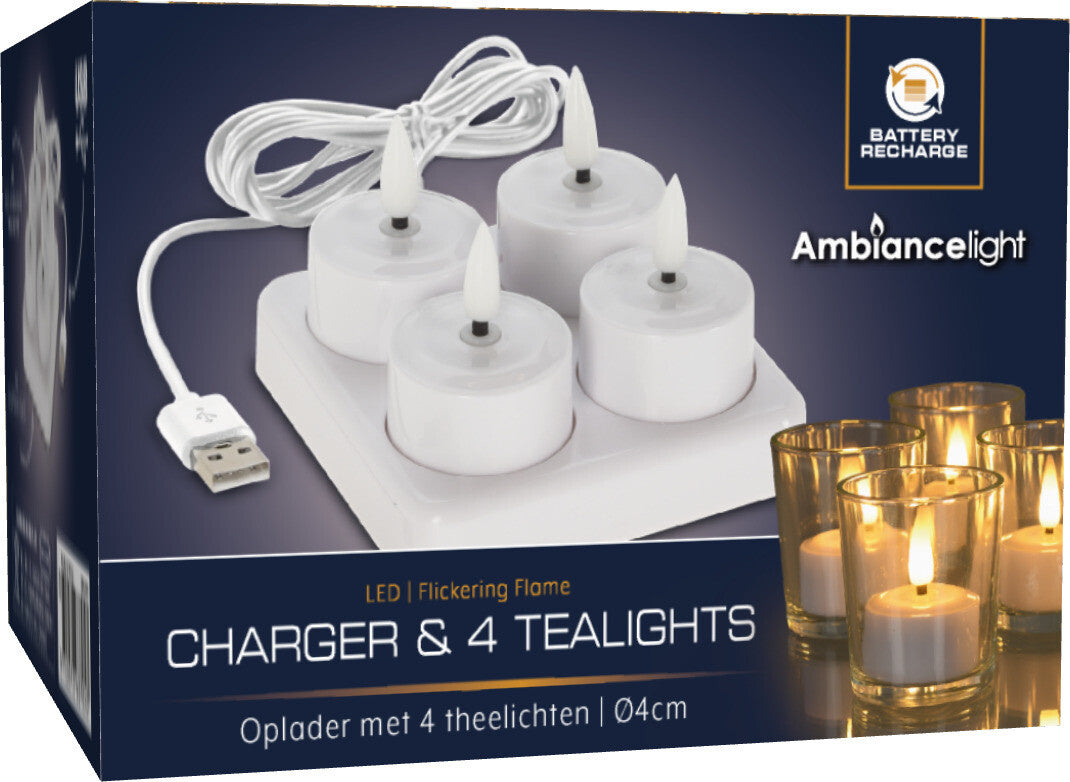 Koopman Oplaadbare LED theelicht set 4-delig MET oplader Wit