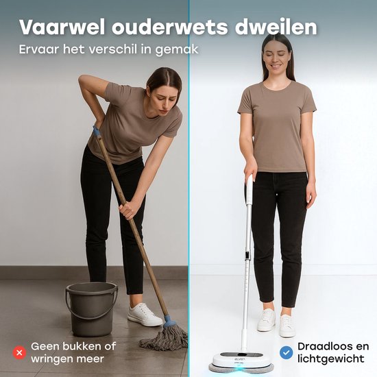 Ølven Elektrische Dweil - Draadloos - Dweilsysteem - Vloerreiniger - Sprayfunctie - LED Verlichting - 50W - Verstelbaar - Wit
