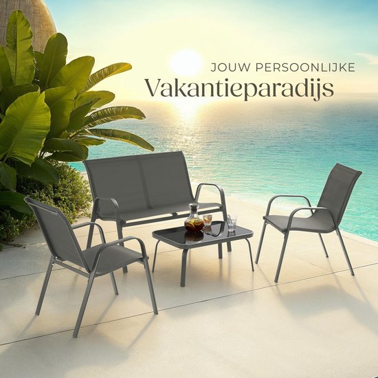 tectake® Tuinset Nora - Moderne Zitgroep voor 4 Personen - Loungeset met Tuinbank en 2 Tuinstoelen van Ademend, Waterafstotend Textileen-Weefsel - Balkonset Met Bijzettafel - Luxe Tuinmeubelset - Antraciet