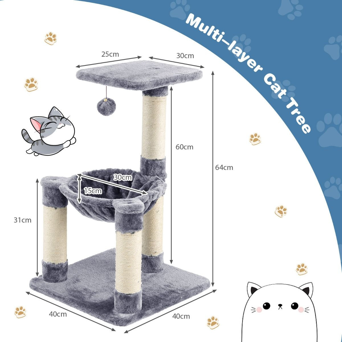 Coast Multi -Storey Scratching Post Soft Wrapped Cat Tree met een gezellige hangmatgrijs