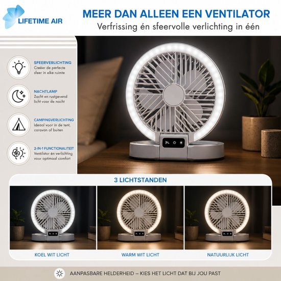 Lifetime Air Tafelventilator Oplaadbaar - Mini USB Ventilator 1200mAh - 5 Snelheden En LED Display - 21x20,5x23cm - Wit