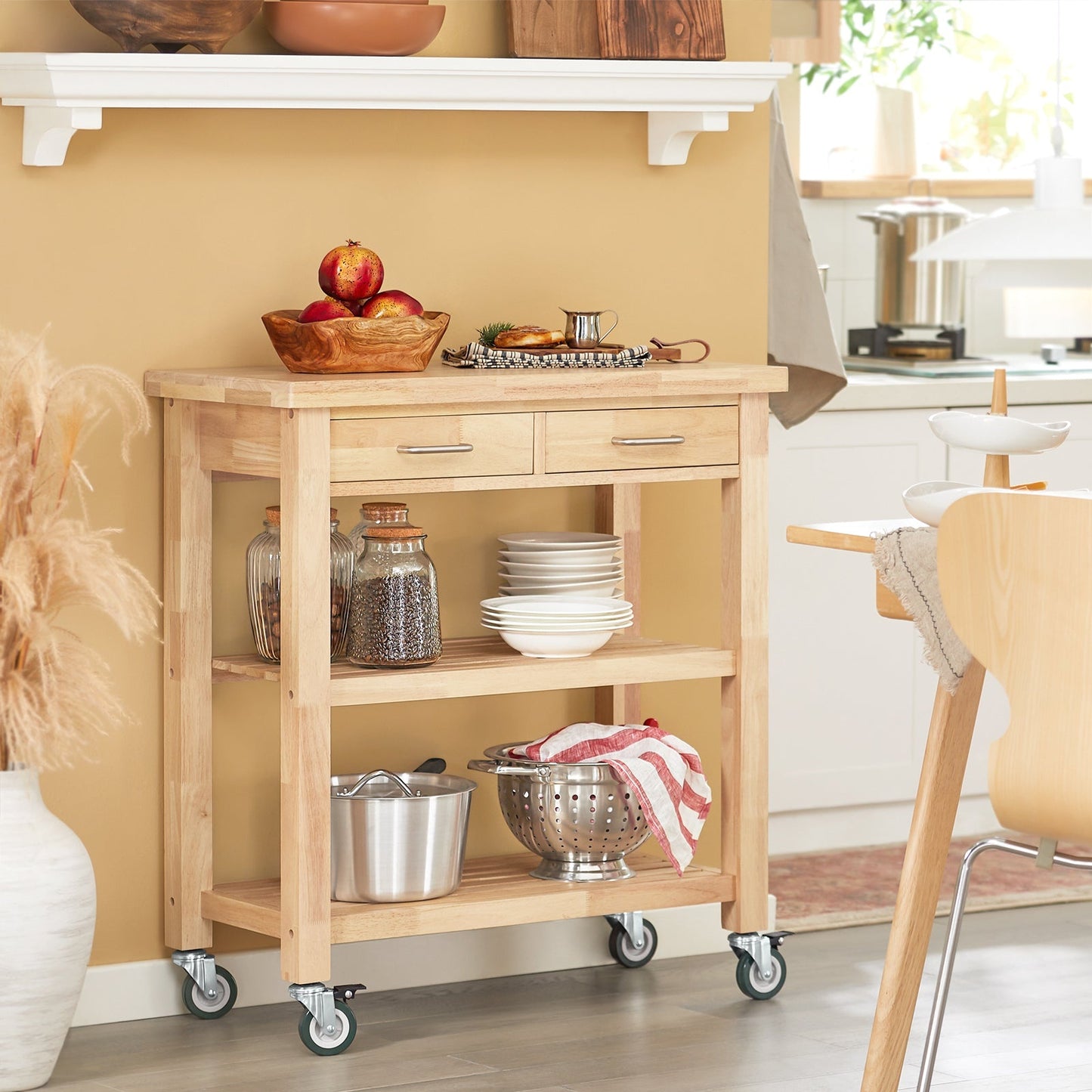 SoBuy Keukenwagen met 2 lades en 2 opbergplanken - 80 x 90 x 40 cm - Houtkleur