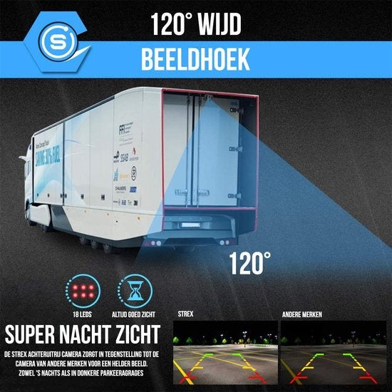 Strex Achteruitrijcamera Set Bedraad Met 4 Camera's (tegelijk bekijken) - 9" Scherm - 18LED Nachtzicht 15m - IP67 Waterdicht - Achteruitrij Camera