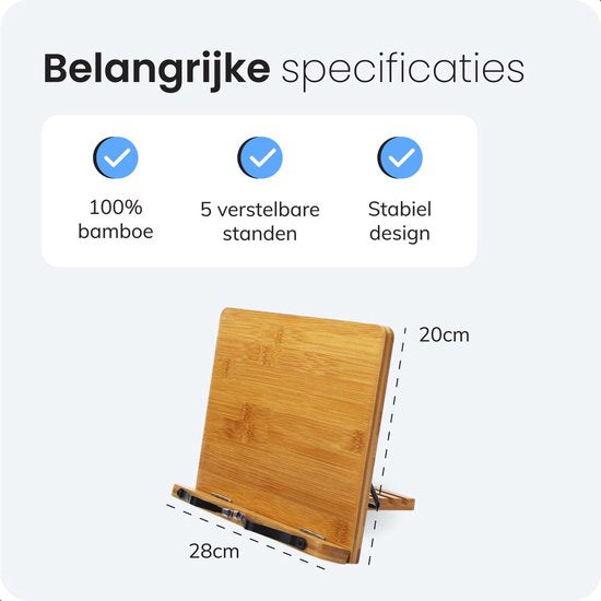 Kookboek en tablet standaard - Verstelbaar met klemmen - Boeken - Steun - Standaard - Rek - Houder - Book - Steunen - Metaal - Hout - Bamboe - Lees - Rekje - Luft