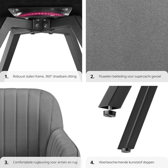 tectake® - Draaibare eetkamerstoel met armleuningen - Ergonomische kuipstoel met fluwelen bekleding - Gewatteerd - Draaistoel voor woonkamer, eettafel, studeerkamer, kaptafel en keuken - Grijs