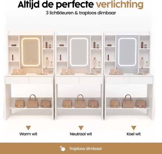 Infinity Goods Kaptafel met LED Spiegel - Make Up Tafel - Extra Veel Opbergruimte - Dimbaar - Wit