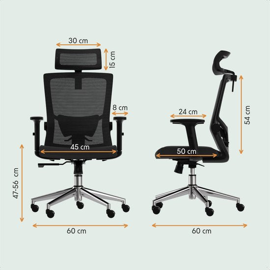 LifeGoods Ergonomische Bureaustoel - Office Chair - NEN- en SGS-gecertificeerd - Volwassenen - Hoofdsteun - Zwart/Chroom