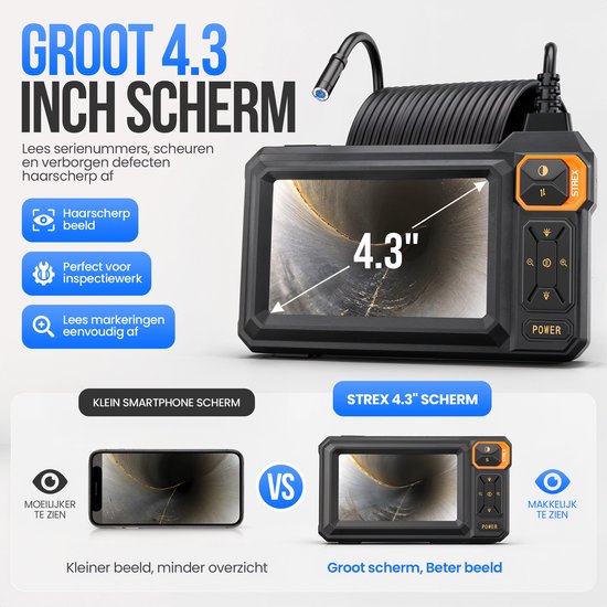 Strex Endoscoop met Scherm 15M - Inspectiecamera - Rioolcamera met HD Beeld - IP67 Waterdicht - Instelbare LED Verlichting