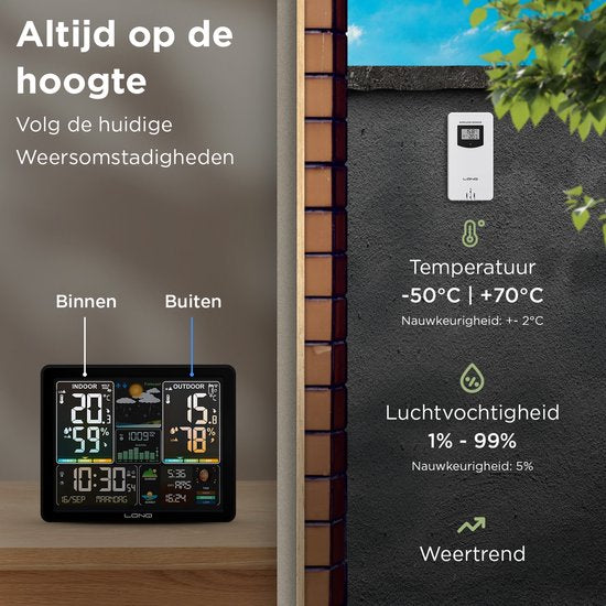 LONQ Weerstation Binnen en Buiten Q5 - Incl. Batterijen - Draadloos Weerstation met Buitensensor - Thermometer Hygrometer - Kleurendisplay - DCF Gestuurde Klok